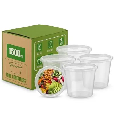 1500 ml, White Round Takeout Food Container with Transparent Lid (Pack-50 Pcs)