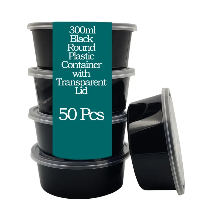 50 Pcs, 300 ml Black Round Plastic Container with Transparent Lid for Food Takeaway, Delivery