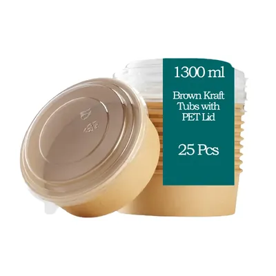 1300 ml Brown Kraft Paper Tubs with Transparent PET Lid (Pack-25 pcs)