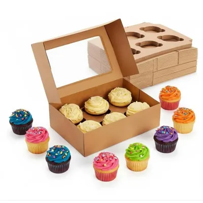 100 Pcs, 9 x 6 x 4 Inch Kraft 350 GSM Cupcake Box with Insert For 6 Cupcakes, Brownies, Bakery Products