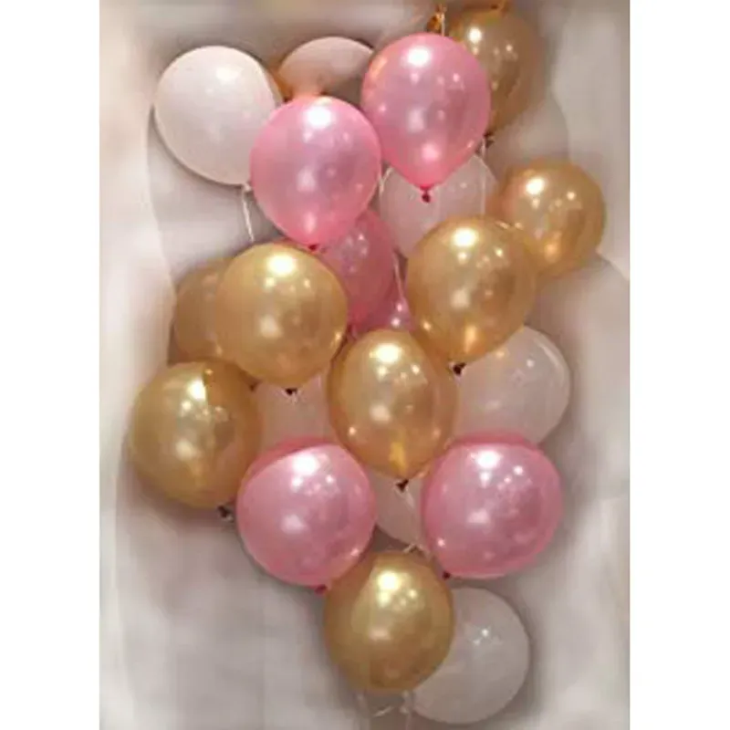 AMFIN x 50Pcs Kit of 10 Inch Pink, Golden & White Metallic Balloons with Matching Ribbon for Decorating Areas (Pack of 3)