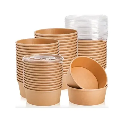 750 ml Disposable Brown Kraft Paper Bowl with PET Lid 500 Pcs, Leak-Proof Food Containers for Both Hot & Cold Food