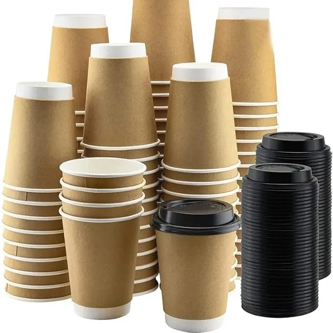 350 ml Disposable Brown Double Wall Paper Cups 500 Pcs Heat Resistant Insulated Cup with Black Lid for Coffee, Cold Drink
