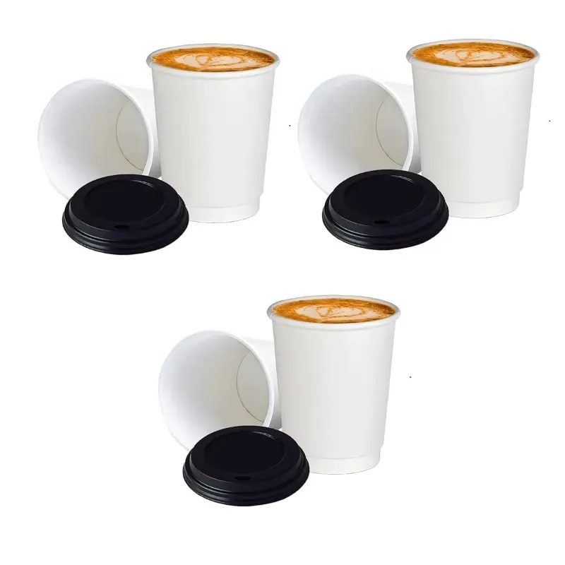 300 ml Disposable White Double Wall Paper Cups 500 Pcs Heat Resistant Insulated Cup with Black Lid for Coffee, Cold Drink