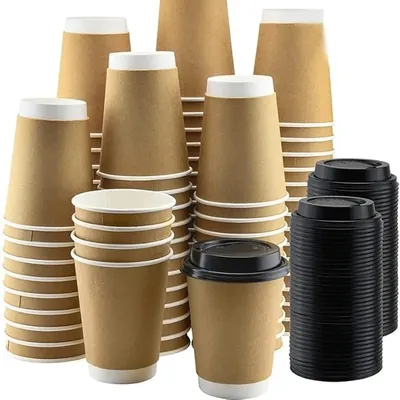 300 ml Disposable Brown Double Wall Paper Cups 500 Pcs Heat Resistant Insulated Cup with Black Lid for Coffee, Cold Drink