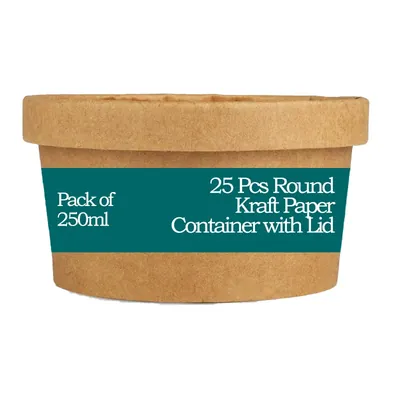 POCHEON ® 25 pcs Round Brown Disposable Paper Containers with Lid (Size-250 ml)