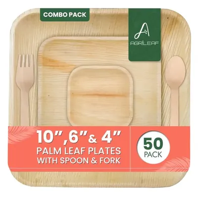 Agrileaf 50 Pcs Pack of 10 Pieces Each Eco-Friendly Palm Leaf Dinnerware, Combo of 10 Inch Plates, 6 Inch Plates, 4 Inch Bowls, Spoons and Forks
