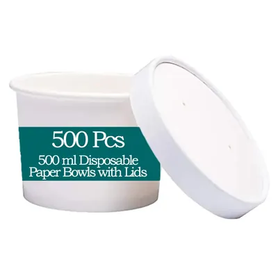 500 Pcs, 500 ml Disposable Paper Bowls with Lids
