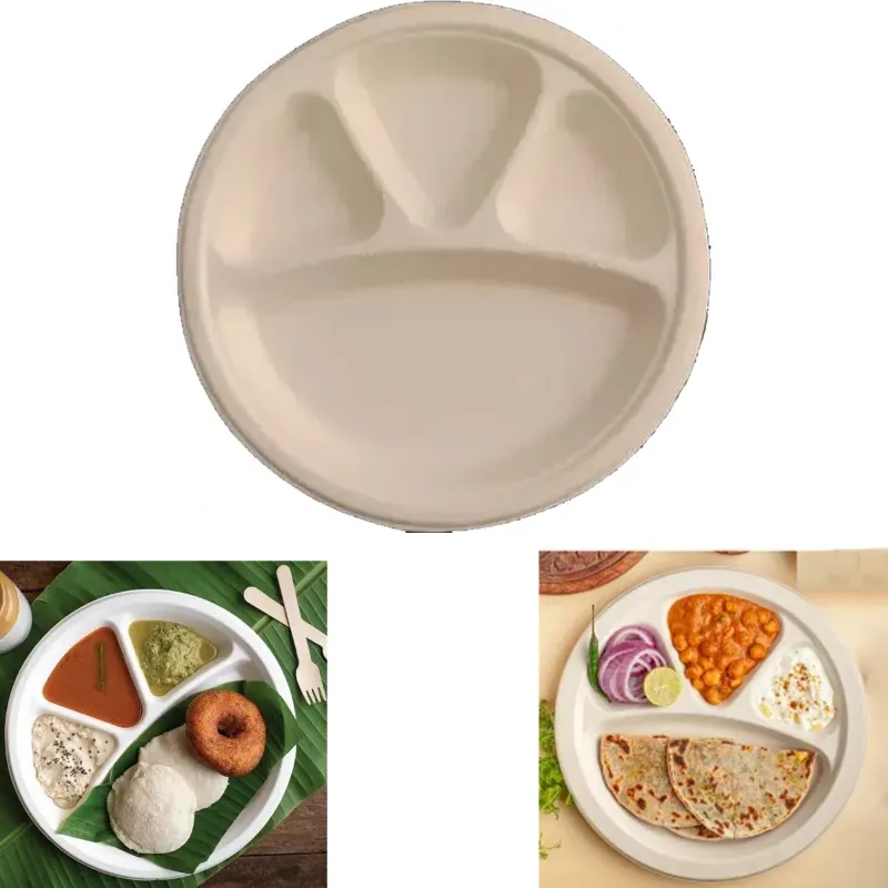 25 Pcs, 11 Inch 4-Section Sugarcane Bagasse Plates for Outdoor and Indoor Events