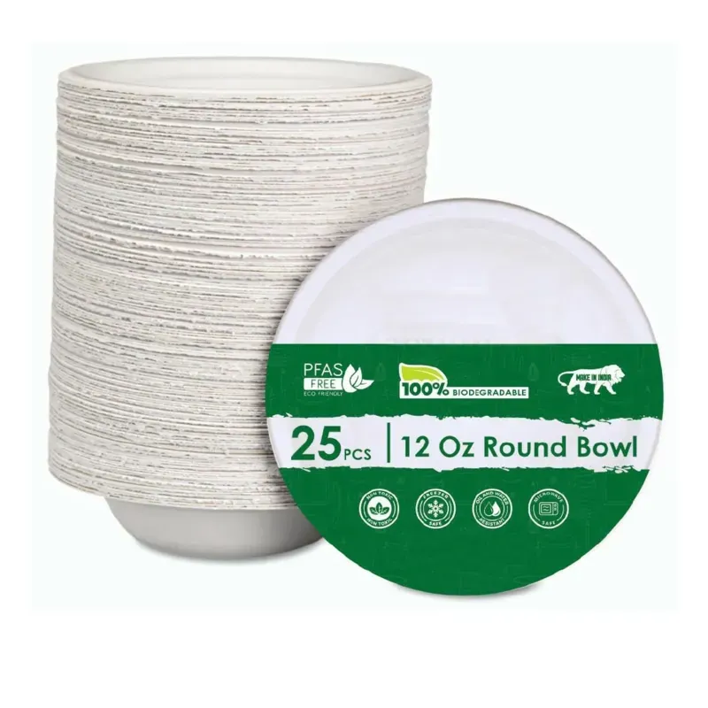 50 Pcs, 360 ml Round Bagasse Eco-Friendly Small Disposable Bowls, Leak-Proof, & Durable, Good for Snacks, Curries, & Sauces