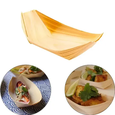 POCHEON 4 x 7.5 Inch Disposable Pinewood Serving Boat Trays (Pack of 50)