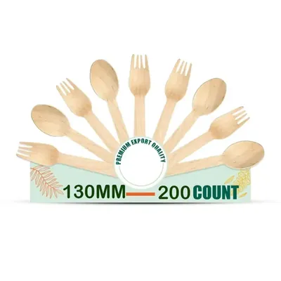 200 Pcs, 130 mm Disposable Spoons & Fork Set, Wooden Dining Flatware, Ideal for Kids Birthday, Wedding & Party