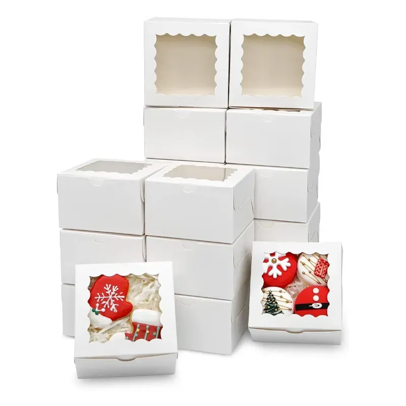 100 Pcs, 5 x 5 x 2 Inch 320 GSM Duplex Cake Box for Cookies, Pastries, Mini Cakes, Donuts, Pie Slices