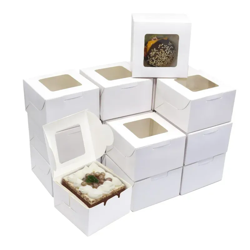 100 Pcs, 5 x 5 x 3 Inch 320 GSM Duplex Cake Box for Cookies, Pastries, Mini Cakes, Donuts, Pie Slices