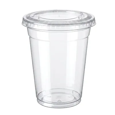 HORECA DISPOSABLE Eco 350 ml Cold Beverage Serving Pack of 100 Transparent Clear Stackable Plastic Glass with Flat Lids