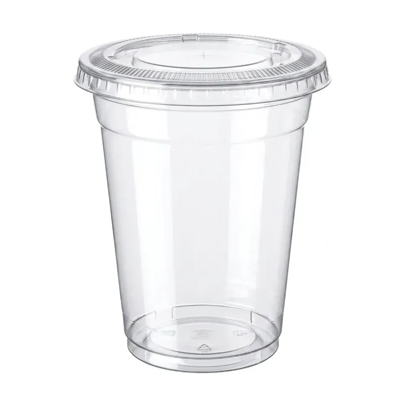 HORECA DISPOSABLE Eco 350 ml Cold Beverage Serving Pack of 100 Transparent Clear Stackable Plastic Glass with Flat Lids