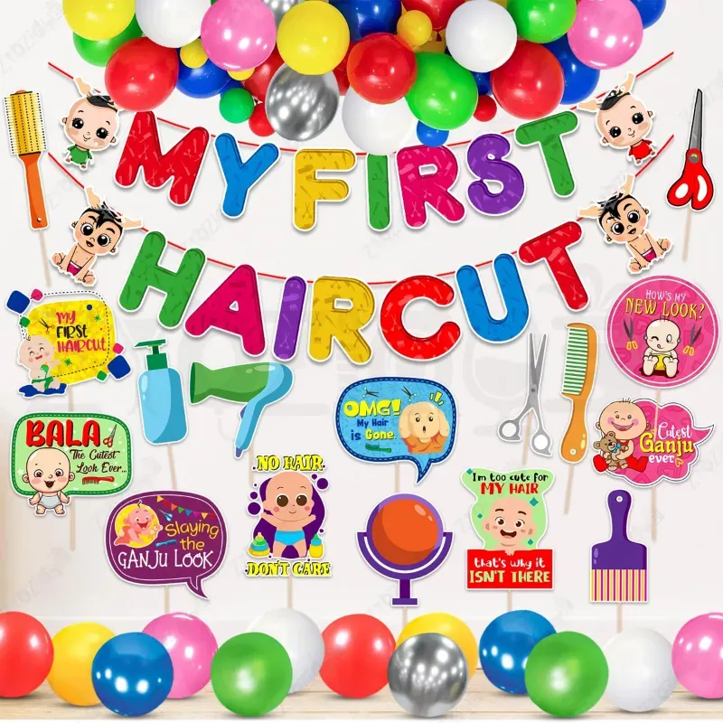 42 Pcs First Hair Cut Multicolor Mundan Decor Kit Paper Banner With Metallic Balloons & Photo Props (Pack Of 3)