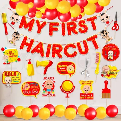 42 Pcs First Hair Cut Red Yellow Mundan Decor Kit Paper Banner With Metallic Balloons & Photo Props (Pack Of 3)