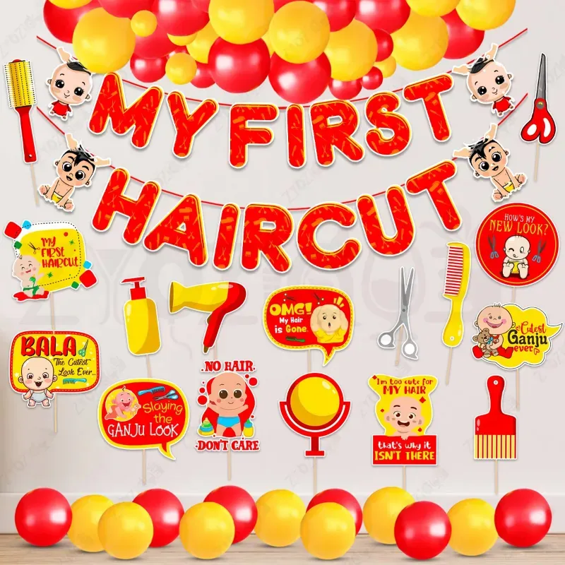 42 Pcs First Hair Cut Red Yellow Mundan Decor Kit Paper Banner With Metallic Balloons & Photo Props (Pack Of 3)