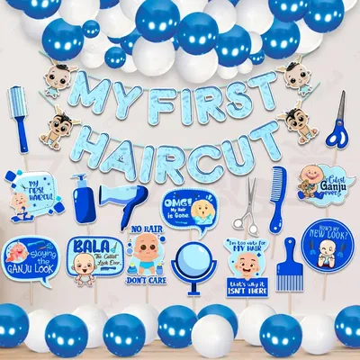 42 Pcs First Hair Cut Blue Mundan Decor Kit Paper Banner With Metallic Balloons & Photo Props (Pack Of 3)