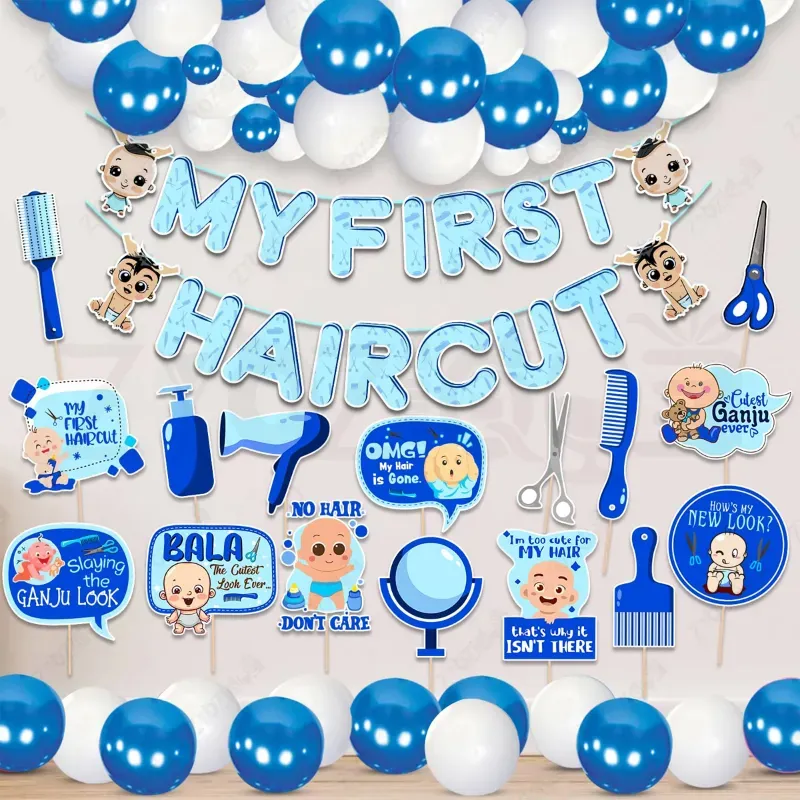 42 Pcs First Hair Cut Blue Mundan Decor Kit Paper Banner With Metallic Balloons & Photo Props (Pack Of 3)