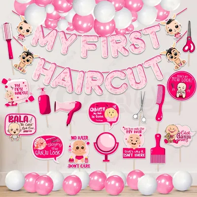 42 Pcs First Hair Cut Pink Mundan Decor Kit Paper Banner With Metallic Balloons & Photo Props (Pack Of 3)