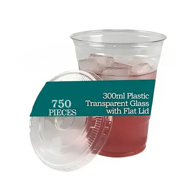 750 Pcs, 300 ml Clear Plastic Glass with Flat Lids for Iced Coffee, Soda, Smoothies and Shakes