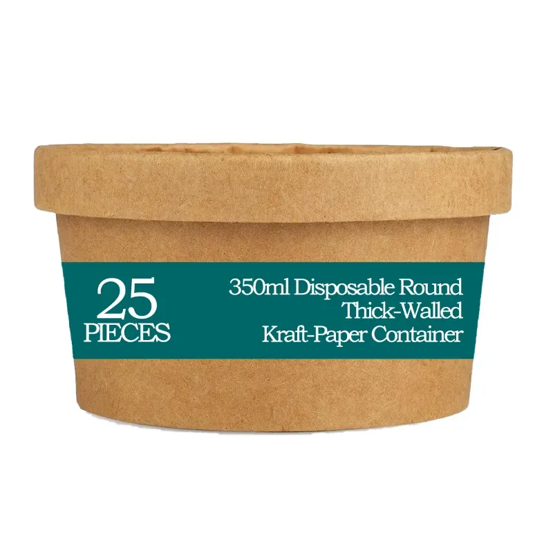 POCHEON 350 ml Disposable Round Thick-Walled Kraft Paper Container With Lid (Pack of 25)