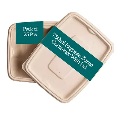 750 ml Bagasse Rectangular Zume Container With Lid, 100% Anti-Leak Technology for Food Delivery, Take Away Meals (Pack-25 pcs)