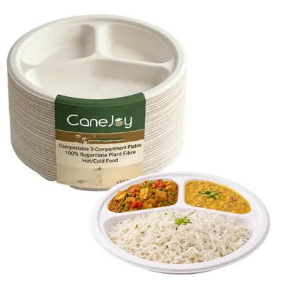 CANEJOY Sugarcane Bagasse 3 Compartment Plates 9 Inch Dia., Round White Eco-Friendly Plates for Parties & Catering (Pack-50 pcs)