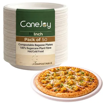 CANEJOY Sugarcane Bagasse Plain Plates 11 Inch Dia., Round White Eco-Friendly Plates for Parties & Catering (Pack-50 pcs)