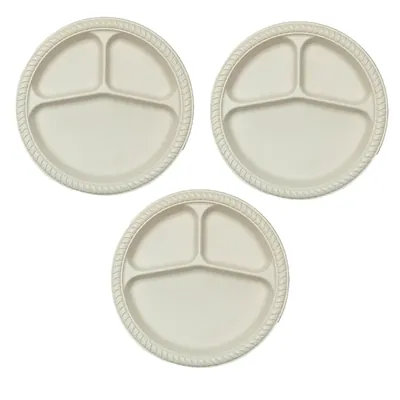 3 Compartment Cornstarch Round Plates, Biodegradable Food Serving Plate for Catering, Restaurant (Pack-50 pcs)