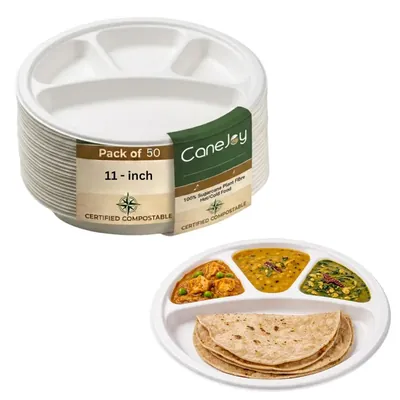 CANEJOY Sugarcane Bagasse 4 Compartment Plates 11 Inch Dia., Round White Eco-Friendly Plates for Parties & Catering (Pack-50 pcs)