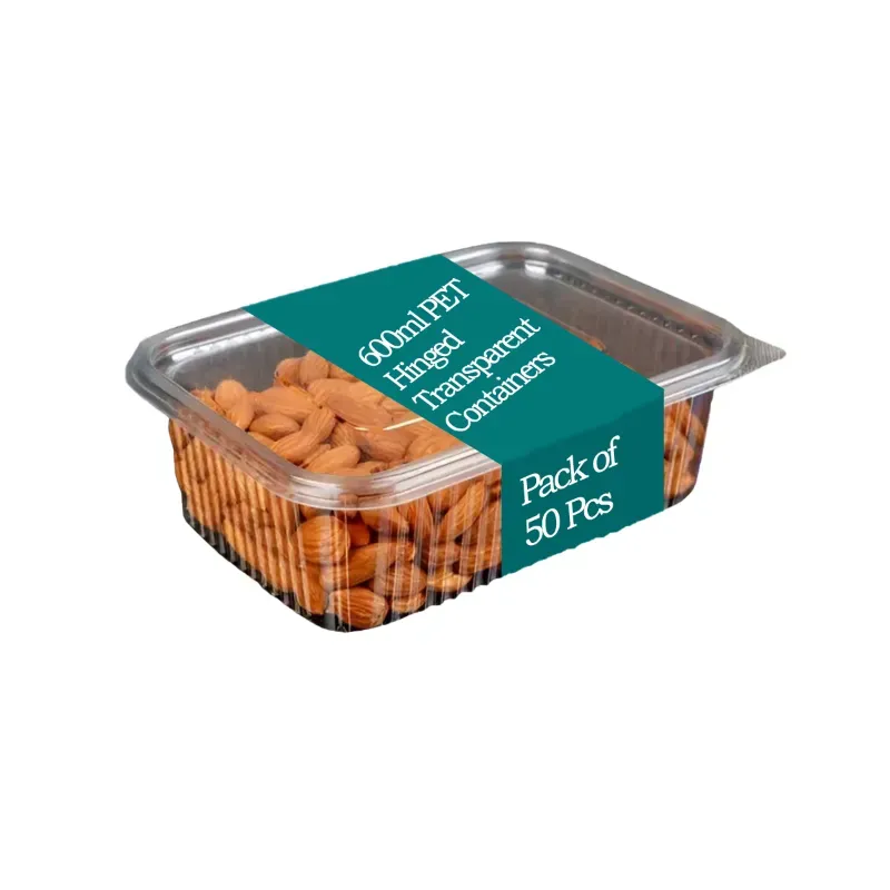 50 Pcs, 600 ml PET Hinged Transparent Containers for Nuts, Snacks, Dry-Fruit Packaging