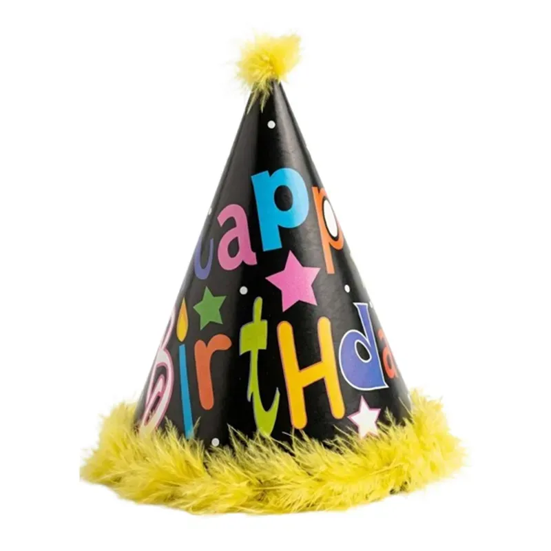 Pack of 1500 Pcs (150 Packs x 10) Colourful Black & Yellow Party Fur Birthday Caps for Party Celebration with Elastic Strap