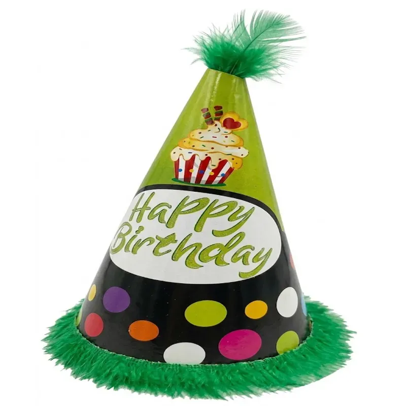 Pack of 1000 Pcs (100 Packs x 10) Colourful Green & Black Fur Birthday Caps for Party Celebration with Elastic Strap