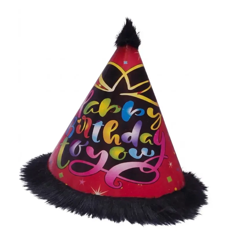 Pack of 1500 Pcs (150 Packs x 10) Red & Black Party Themed Fur Birthday Caps for Party Celebration with Elastic Strap