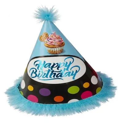 Pack of 1500 Pcs (150 Packs x 10) Colourful Sky Blue & Black Fur Birthday Caps for Party Celebration with Elastic Strap