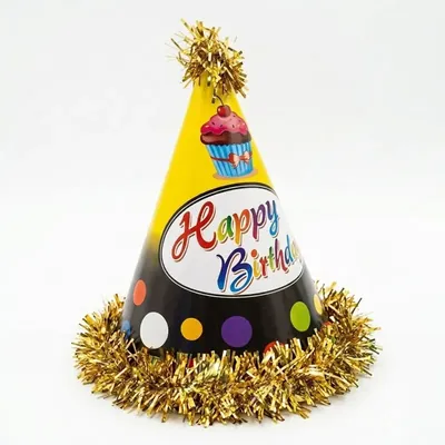 Pack of 10 Colourful Happy Birthday Golden Colour Party Themed Frill Birthday Cap for Party (500 Pcs/50 Pack)