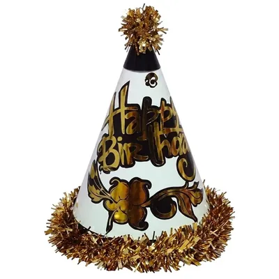 Pack of 10 Colourful Happy Birthday Golden & White Colour Party Themed Frill Birthday Cap for Party (1500 Pcs/150 Pack)