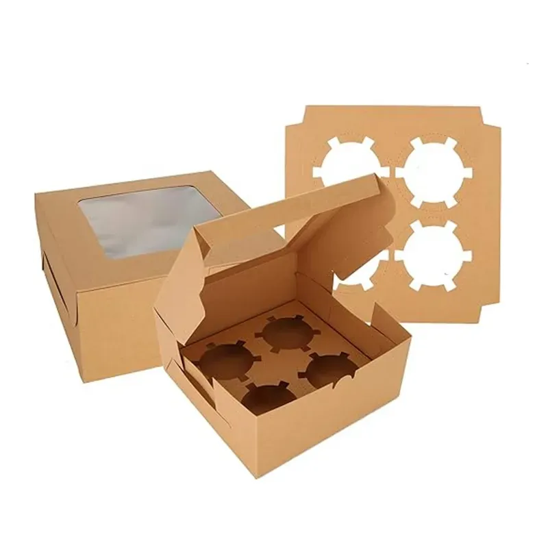 100 Pcs, 6 x 6 x 4 Inch Kraft 350 GSM Cupcake Box with Insert For 4 Cupcakes, Brownies, Bakery Products