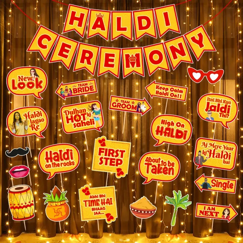 37 Pcs Haldi Ceremony Decoration Kit Photo Booth Props LED Light Foil Balloons (pack of 3)