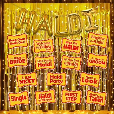 19 Pcs Haldi Ceremony Decoration Kit Gold Foil Curtain Props Light (pack of 3)