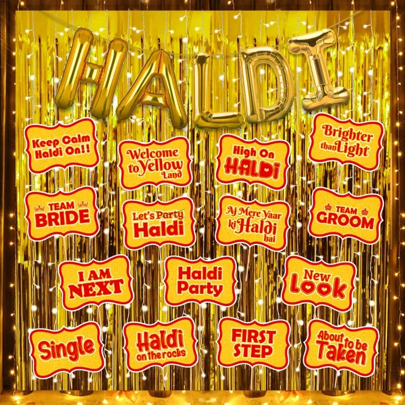 19 Pcs Haldi Ceremony Decoration Kit Gold Foil Curtain Props Light (pack of 3)