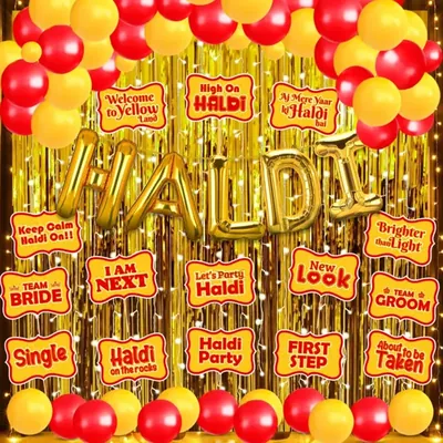 9, 18 Haldi Ceremony Photo Booth Kit with LED Light & Gold Foil Curtain 44 Pcs in a Pack (Pack-3 pcs) (Pack of 3)