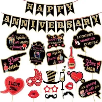 20 Pcs Happy Anniversary Decoration Kit Black & Red Banner for Couple Party Décor (Pack-3 pcs)