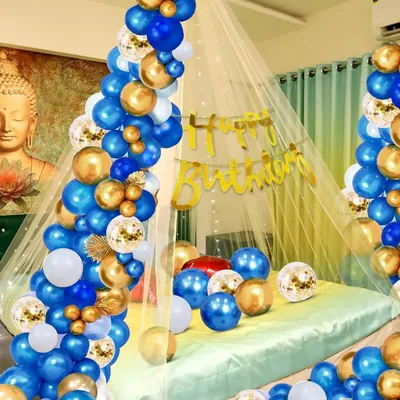 37pcs Cabana Tent Birthday Decorations Kit, Net Curtain for Decoration with Ligth, Blue, Gold & White Balloon (Pack of 3)