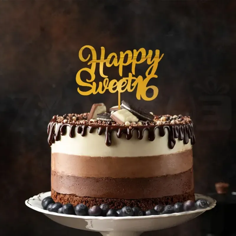 6, 12 Happy Sweet 16th Birthday Cake Topper, Gold Acrylic Decor (Pack-2 pcs) (Pack of 2)