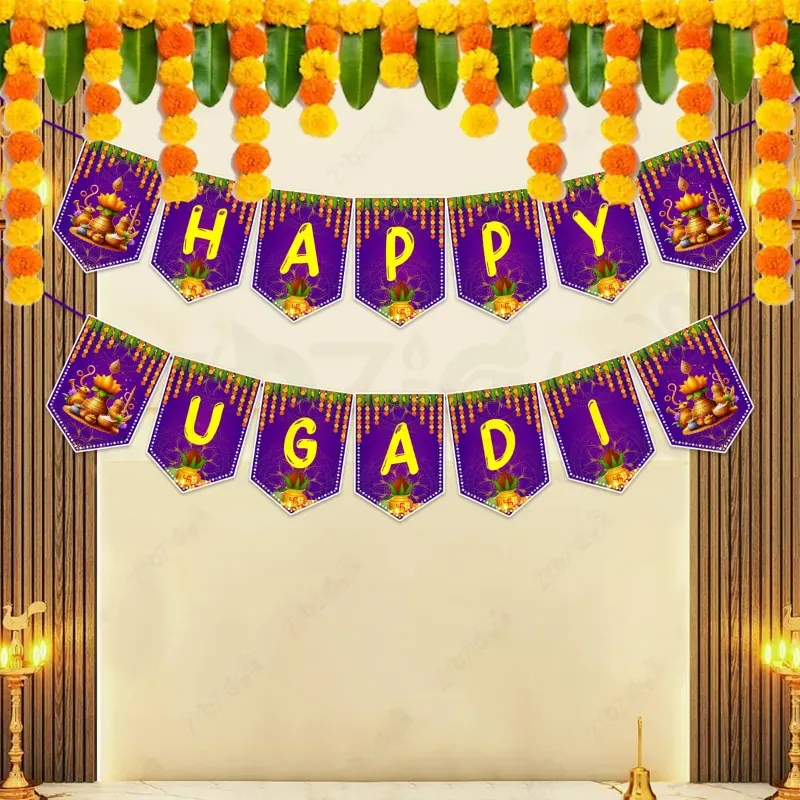 Happy Ugadi Purple Paper Banner Thick Cardstock For Festival Backdrop Decor Pre Cut Ready To Assemble (Pack of 5)