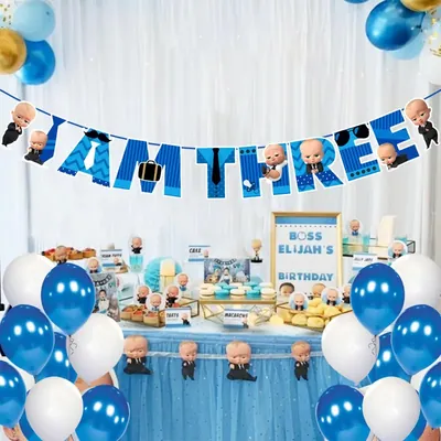 I Am THREE Blue Cardstock Paper Banner For 3rd Birthday Boss Baby Theme Party Elegant Bunting Hanging Décor (Pack of 5)